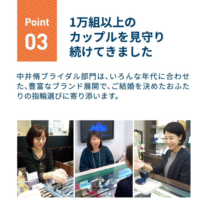 ポイント3 1万組以上のカップルを見守り続けてきました｜中井脩ブライダル部門は、いろんな年代に合わせた、豊富なブランド展開で、ご結婚を決めたおふたりの指輪選びに寄り添います。